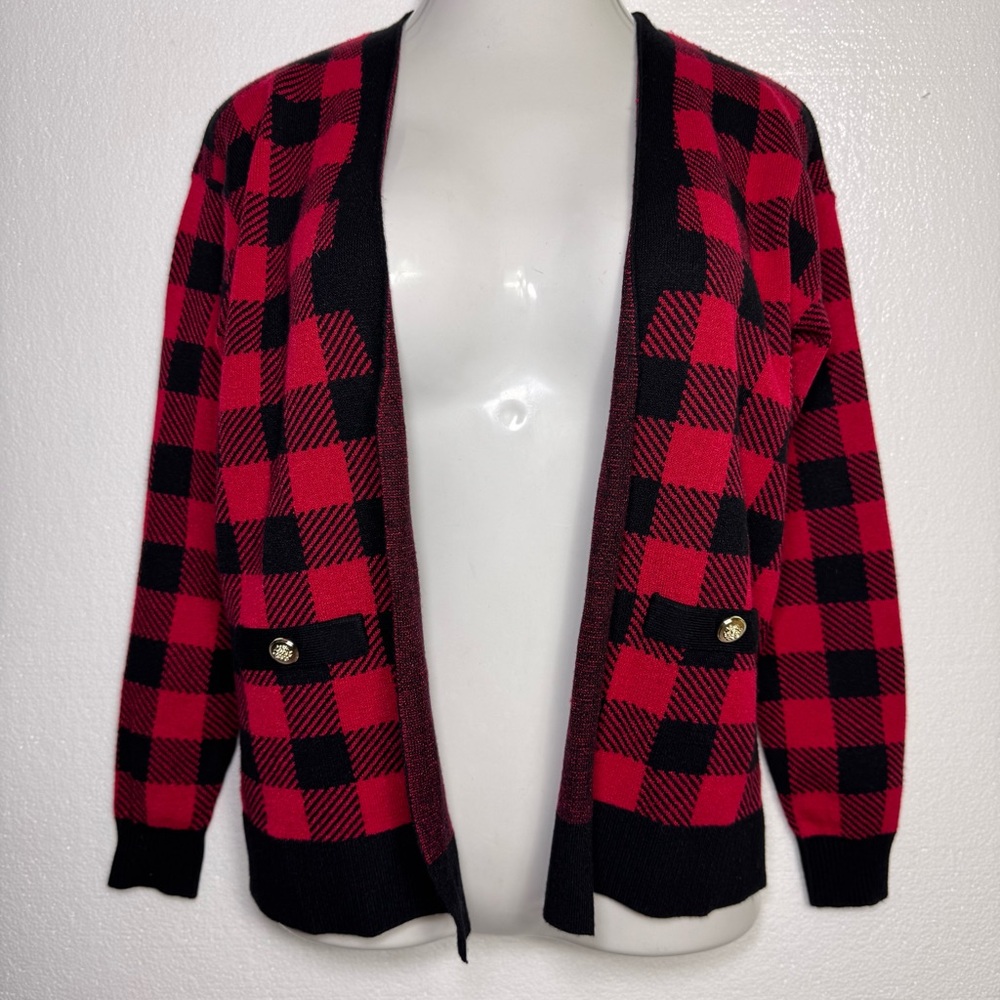 89th + Madison plaid red black plaid open cardigan size S NWT